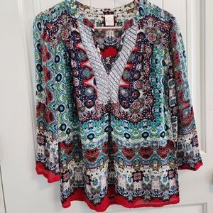 BILA Peasant V Neck Embroidery Paisley Sequins Blue Red Blouse Size Small